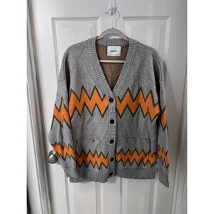 Nagri Knit Cardigan Sweater Gray Zigzag Graphic Button Front Retro Streetwear